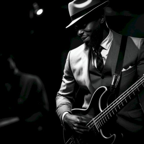 A musician in a suit and hat plays an electric guitar on stage, with a spotlight highlighting him in a dark setting.