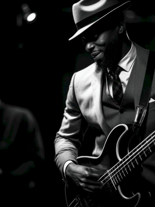 A musician in a suit and hat plays an electric guitar on stage, with a spotlight highlighting him in a dark setting.