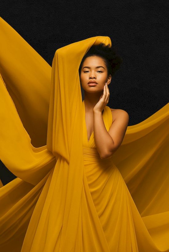 A woman in a flowing bright yellow dress draped dramatically around her, set against a dark backdrop, posing gracefully with hands near her face.