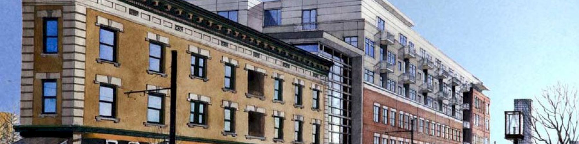 A street scene featuring a multi-story building with a restaurant, people walking, and parked cars under a clear blue sky.